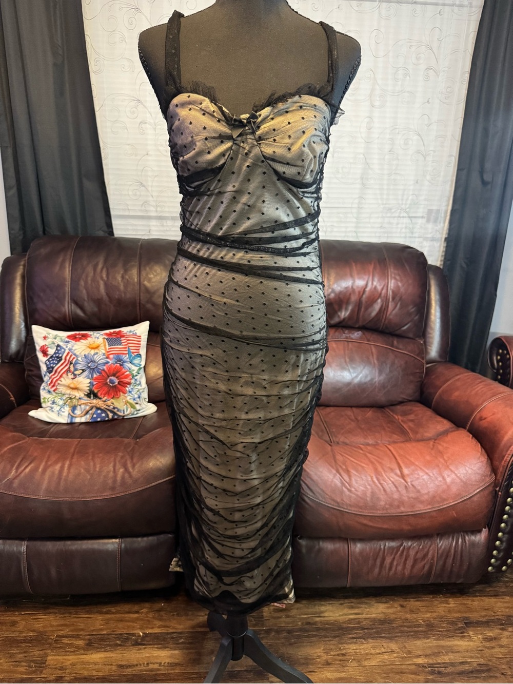 SHEIN Black Sheer Polka Dot Ruched Midi Dress